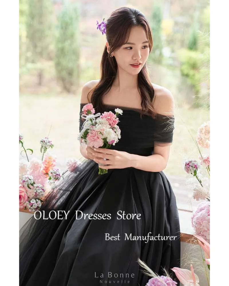 OLOEY Simple Black taffetà A Line abiti da sera corea Wedding photoboot Bolero Formal Party Dress Plus Size