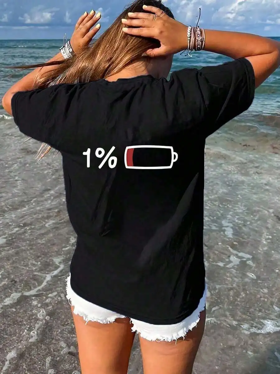 2026 New Plus Size Women Only 1% Battery Left Graphic Print T Shirt Casual Comfort Daily Wear Vacay Vibes Summer Basic Top T Shirt
