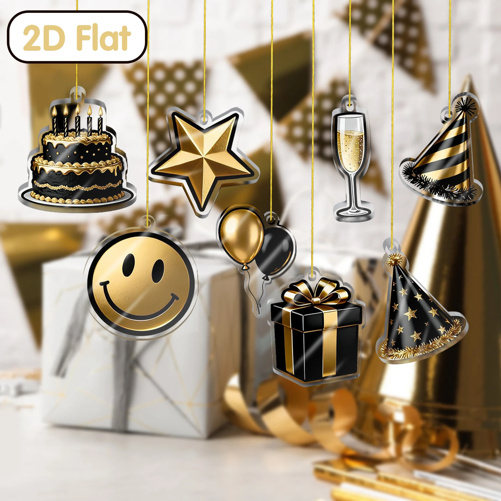 8Pcs Black Gold Birthday Acrylic Ornaments, Cake Champagne Gift Box Star Smiley Face Balloons Party Hat Hanging Decorations