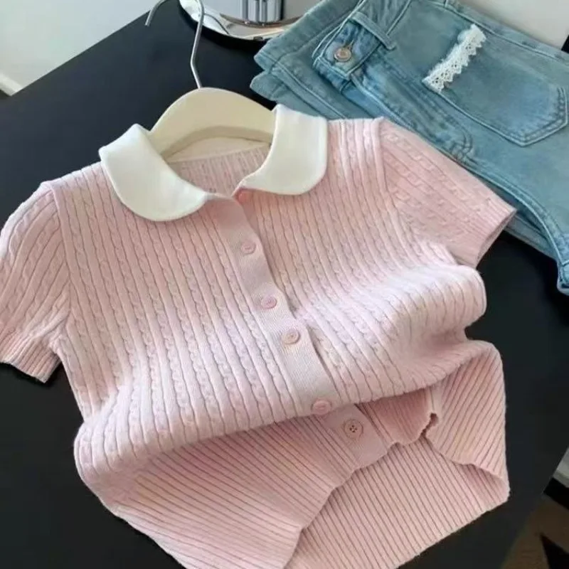 

Sweet Peter Pan Collar Pink Knitted Cardigan 2025 New Slim Fit T-shirts Y2k All-match Short Sleeve Top For Women Sweater Mujer