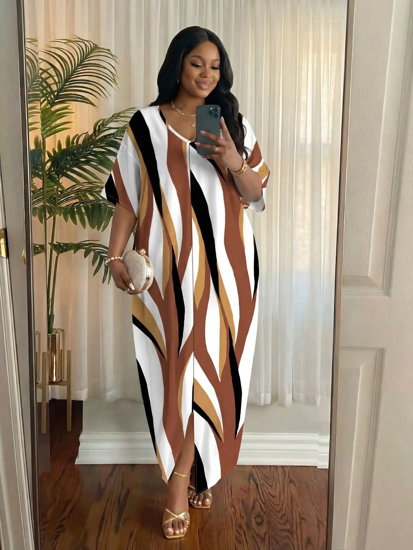 

Платье макси в полоску больших размеров для женщин, летнее платье-сарафан с V-образным вырезом и боковым разрезом, стильный осенний наряд