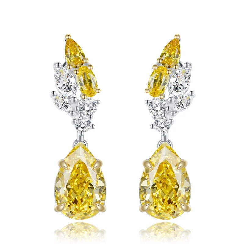 Luomansi Yellow Water Drop Earrings 8x12MM High Carbon Diamond S925 Silver Jewelry Women's Wedding Party Gift