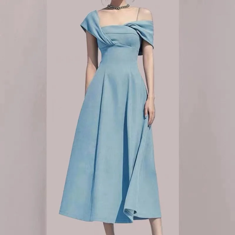 High Quality Runway Autumn Blue Party Dress Elegant Women Asymmetry Diagonal Collar Short Sleeve Female Slim Waist Long Vestidos