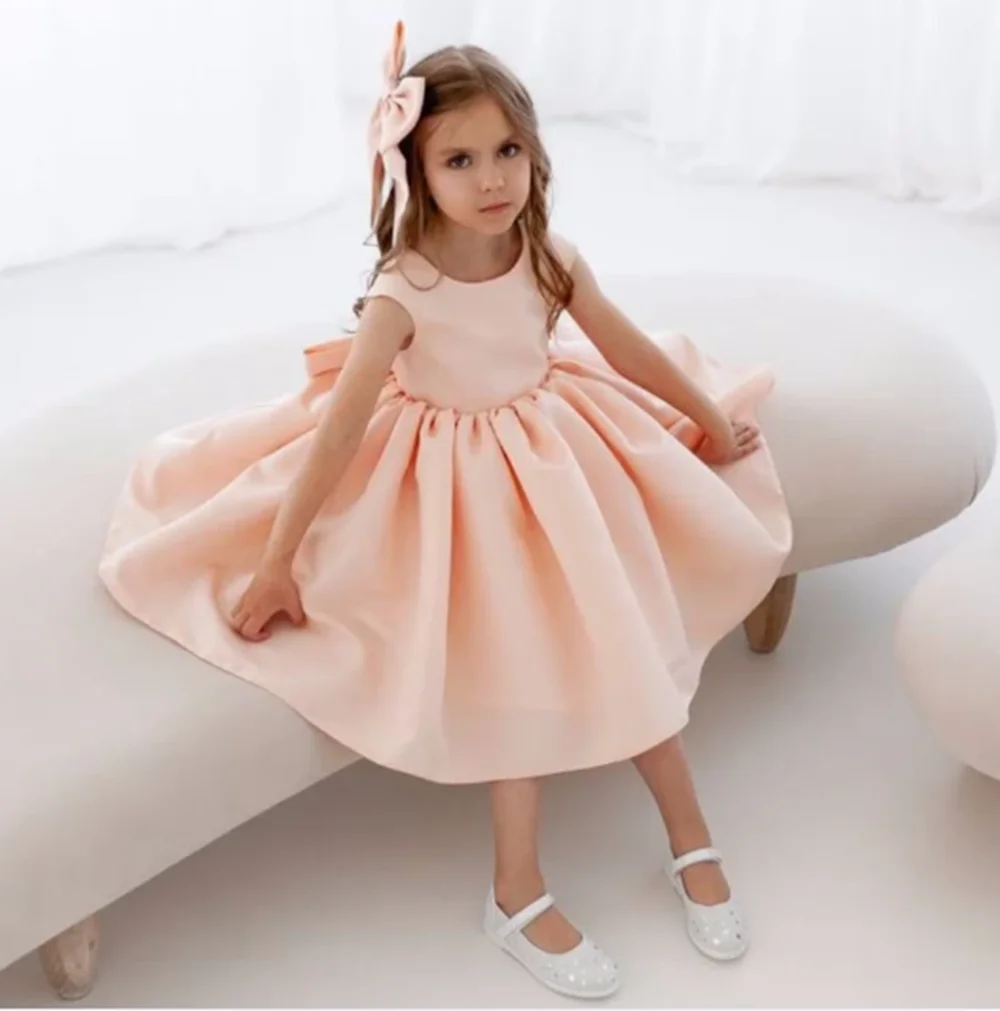 

Flower Girl Dress For Wedding Suspenders with Bow Satin Ball Gown Kids Birthday First Communion Party Dress