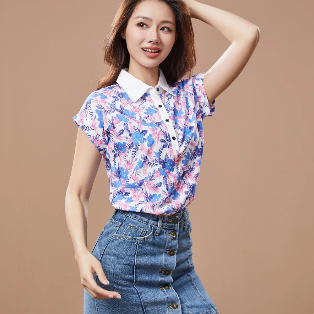 Women Spring Summer Style Blouses Shirt Lady Casual Short Sleeve Turn-down Collar Printed Casual Loose Tops