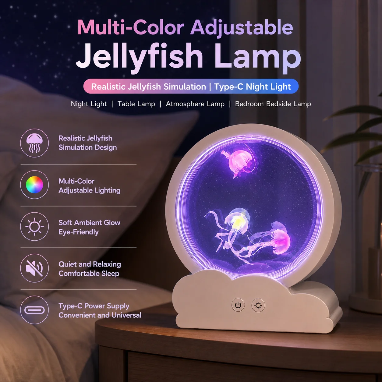 WWPPU Cloud Base Jellyfish Lamp Round Moon Aquarium Night Light Animated Ocean Glow Type-C Powered Table Ambient Lamp