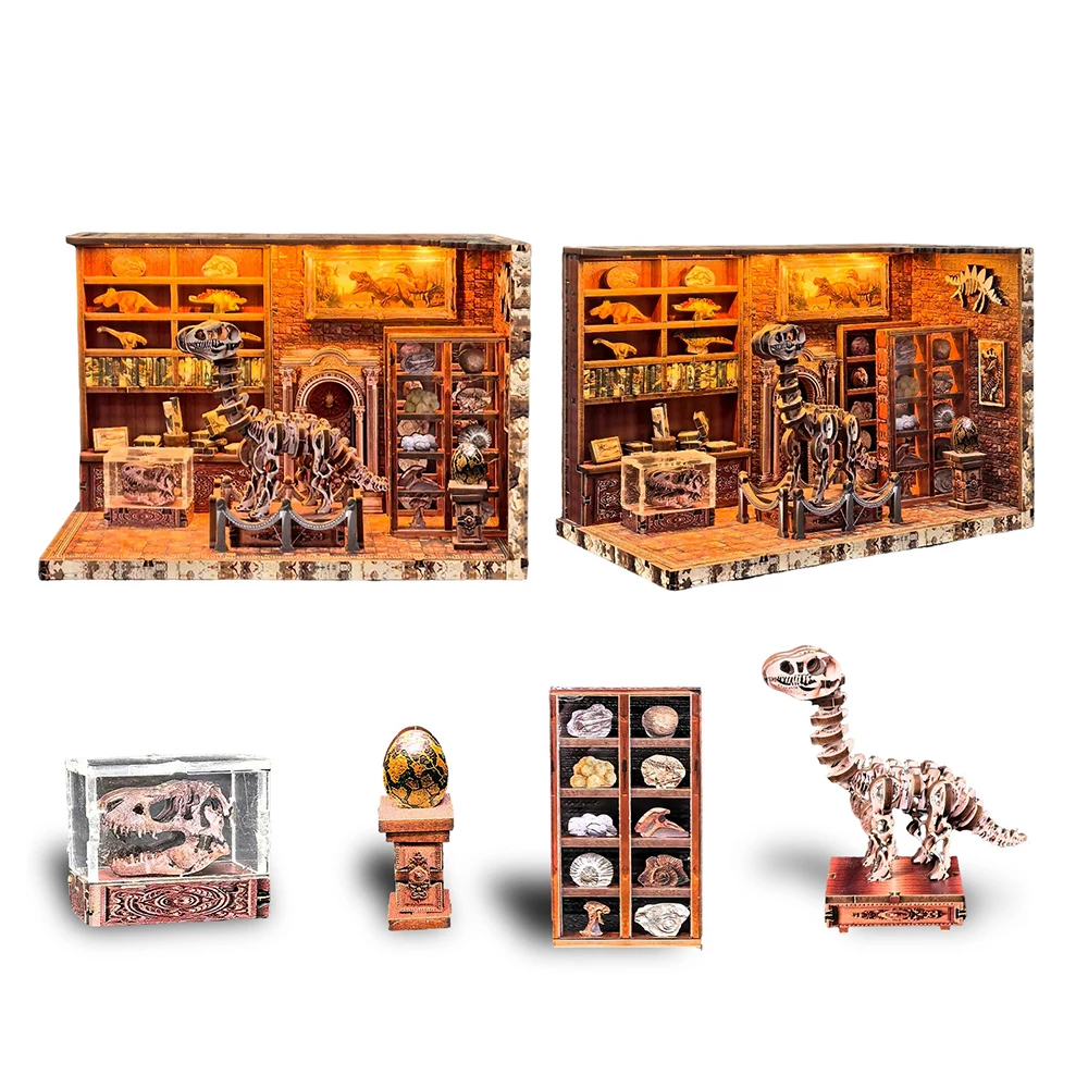 DIY Wooden Miniature Model Kit Dinosaur Research Institute Doll House 3D Wooden Puzzle Stereoscopic Scene for Handmade Gifts