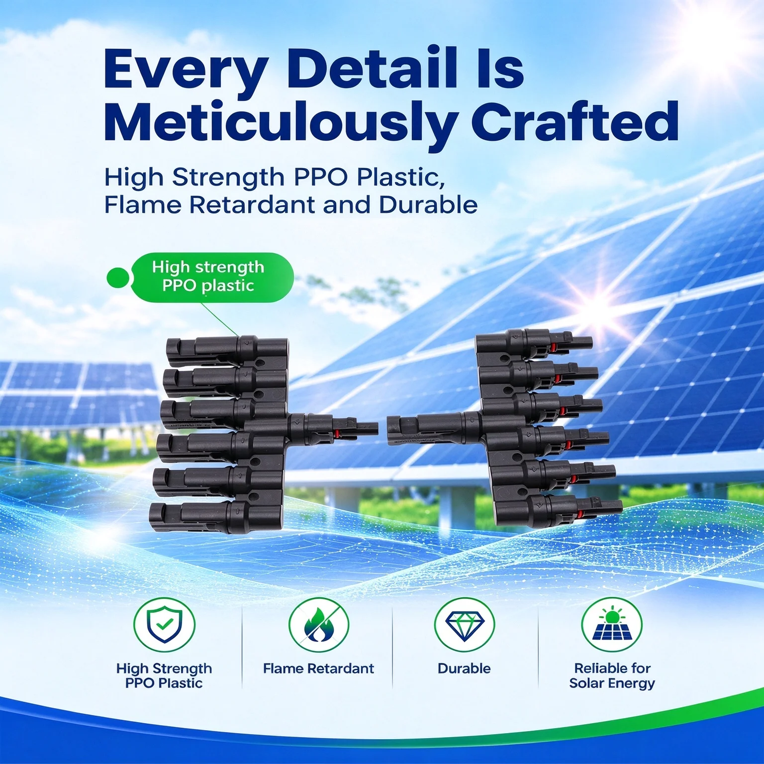6-Way T-Type PV Branch Connector IP67 Waterproof 6 to1 Male Female Solar Adapter for Multi-Panel Parallel Connection
