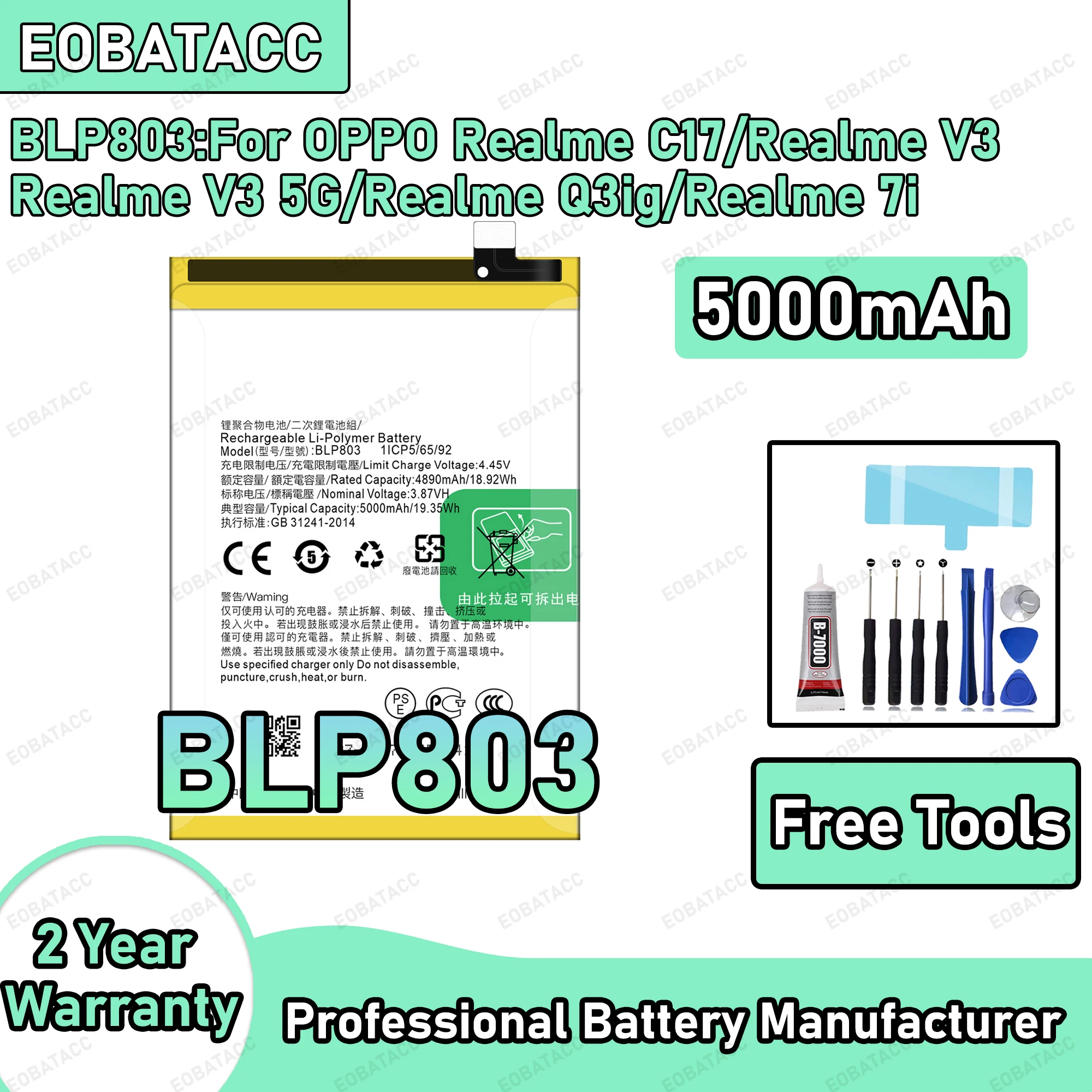 

5000mAh 100% New BLP803 Battery For OPPO Realme C17/Realme V3/Realme V3 5G Replacement Bateria+Free Tools