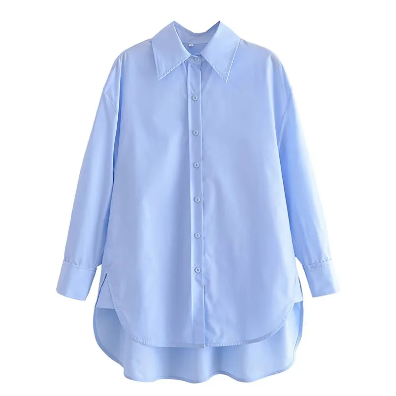 TRAF Womens Blouses Blue Long Shirt Women Korean Style Long Sleeve Pink Top Female Summer Button Up Oversize White Woman Blouse