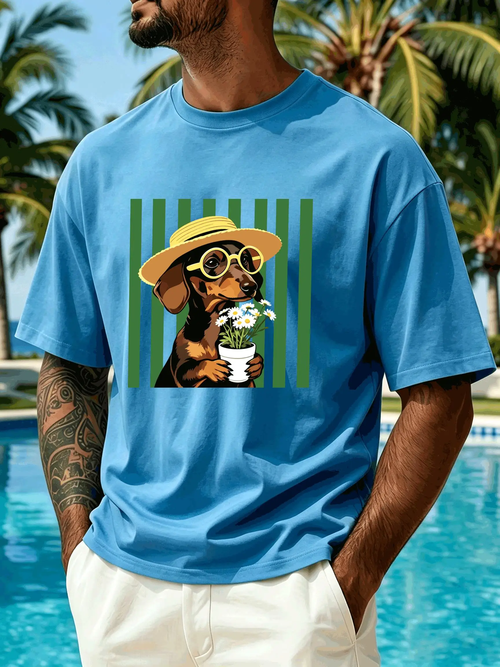 Dachshund Dog Daisy Flower Print Men'S T-Shirt Cotton Hip Hop Family T Shirt All-Match Summer Clothing Loose Casual Sportswear