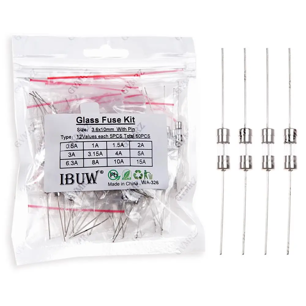 60PCS 12Values 3.6x10mm Glass Fuse with Pin Kit for Electronics Circuit Protection Projects 3.6x10mm 12Values