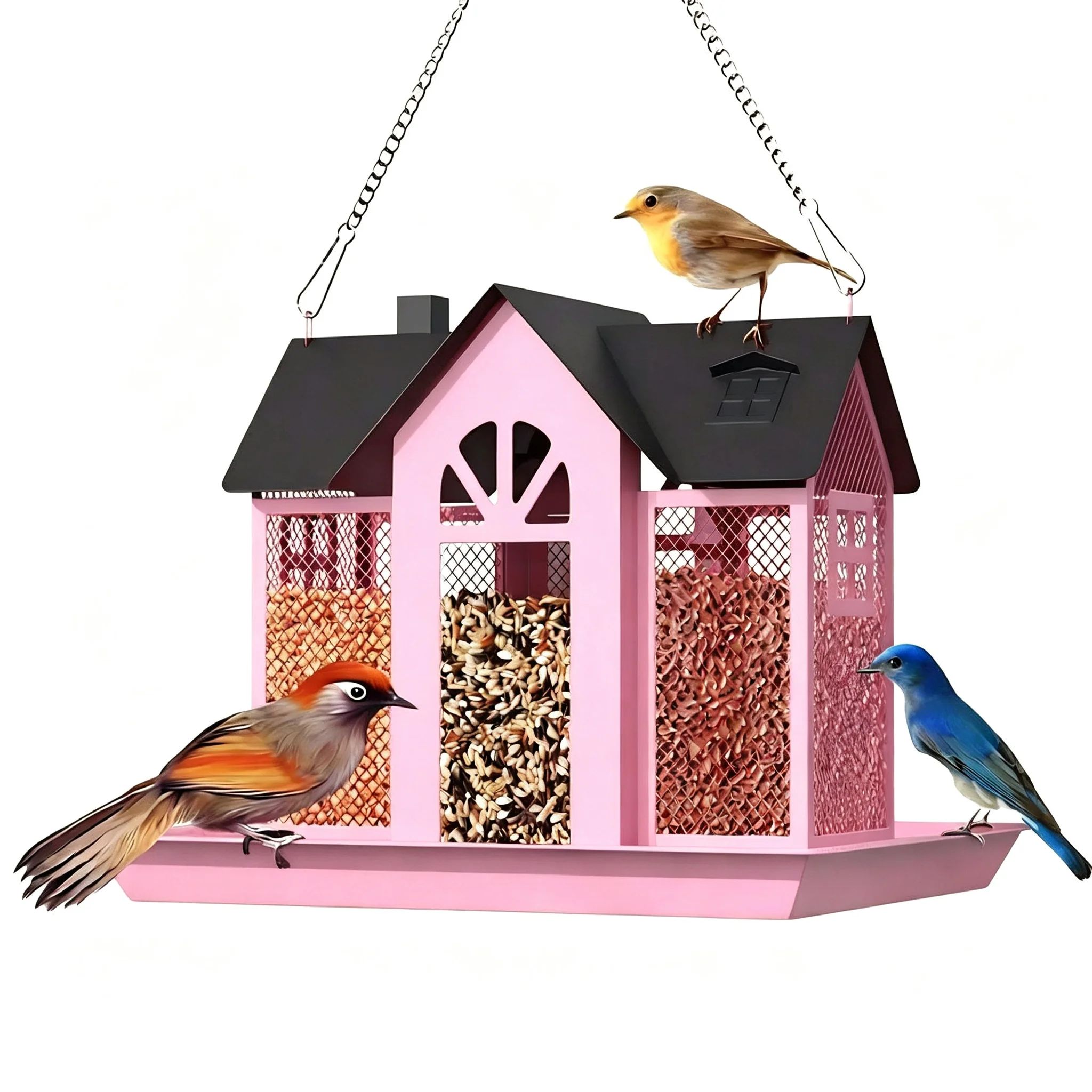 Hanging Bird Feeder Metal Outdoor for Garden Patio Yard Balcony Window Squirrel Hummingbird Iron Art Birdhouse Decoration