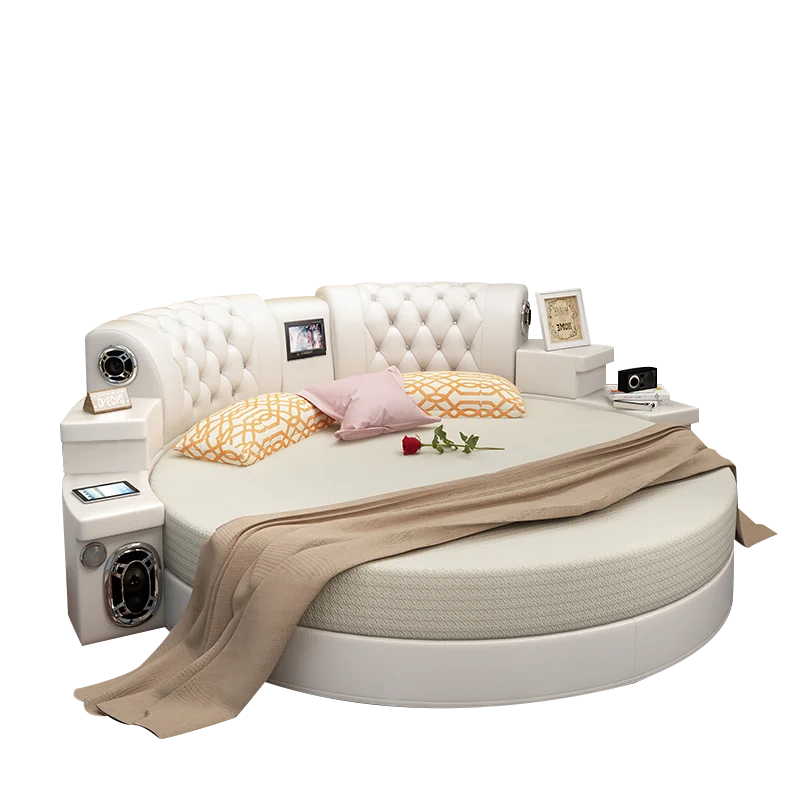 Modern White Leather Bedroom Set Round Bed with Phone Charge Music Player