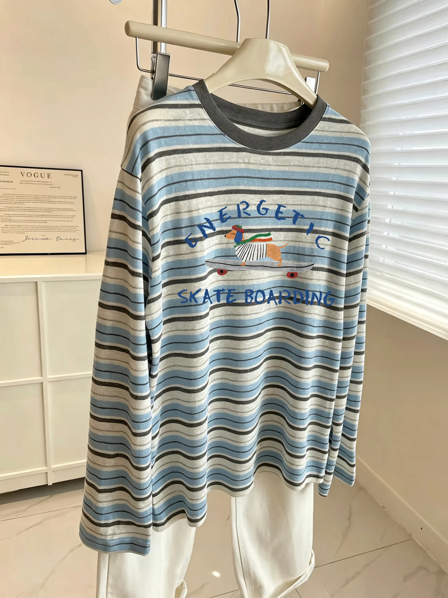 Loose Long Sleeve round Neck Printed T-Shirt Korean Style Casual Striped Base Shirt Women Autumn Slimming Effect White Color ...