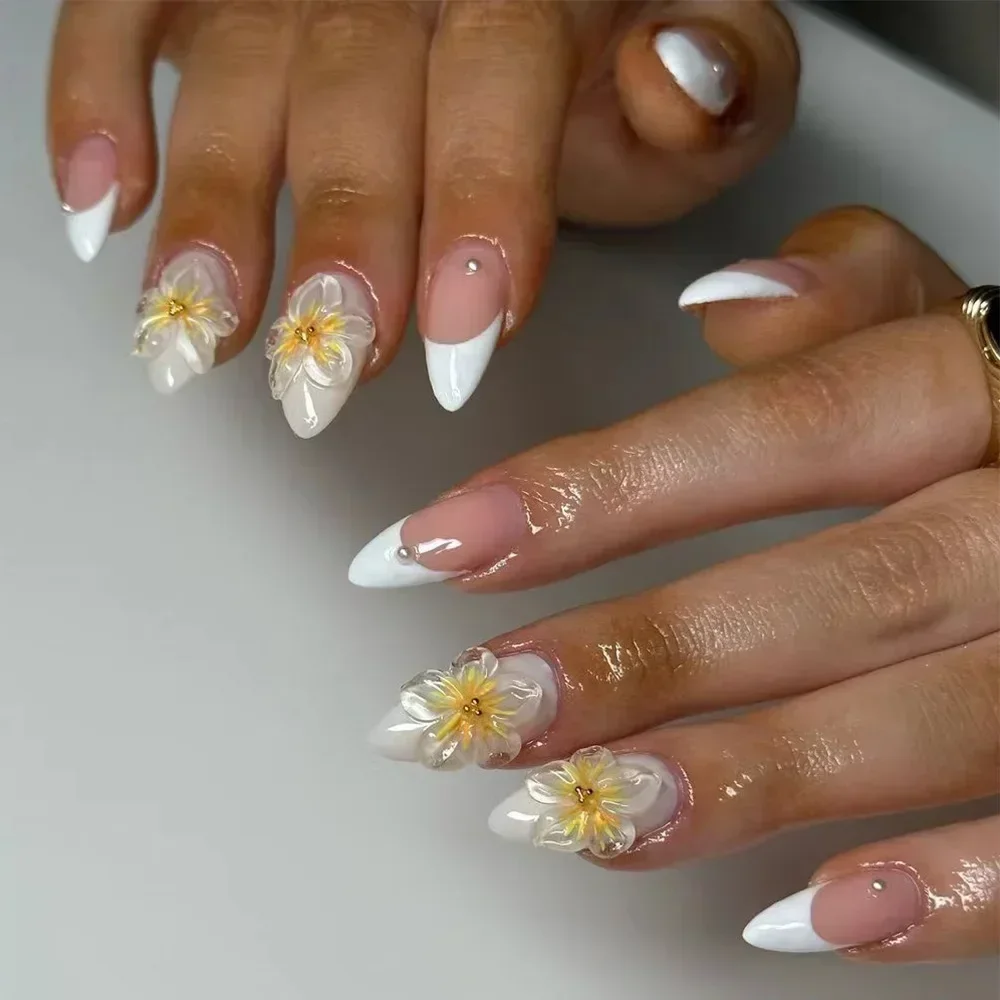 Uñas postizas de almendra corta para Ballet, uñas postizas de cobertura completa con diseño de flor de lazo 3D, 24 piezas, color rosa