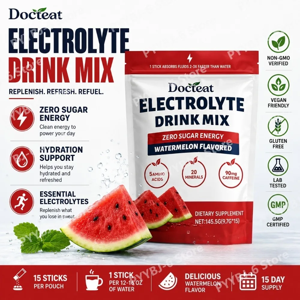 Docteat Electrolyte Drink Mix Watermelon Flavored Zero Sugar Powder, 15 Servings, 90mg Caffeine with L-Citrulline and Taurine