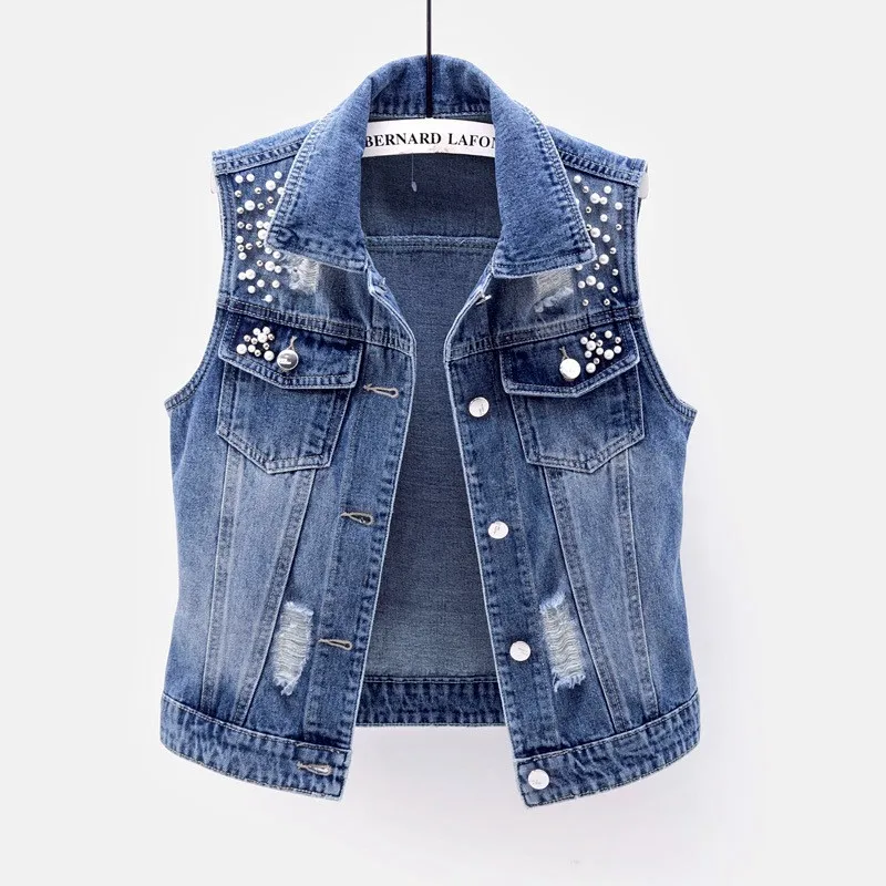 Women Lapel Jacket Vintage Denim Vest Loose Fit Bead Decor Single-breasted Hop Streetwear for Ladies Fall/spring Waistcoat