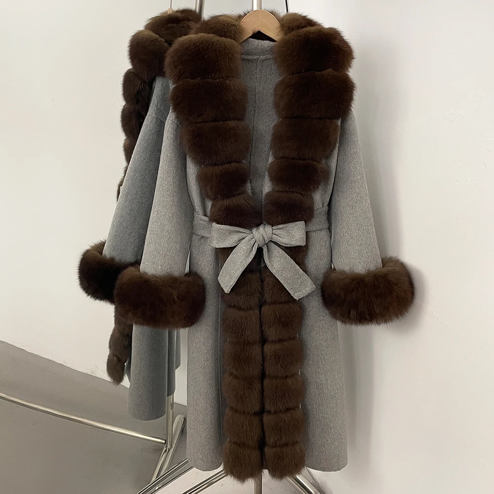 울 코트 여성용 신상 가을 겨울 따뜻한 옷 여우털 100% 울 코트 여성용 봄 긴 소매 롱 울 리얼 퍼 재킷