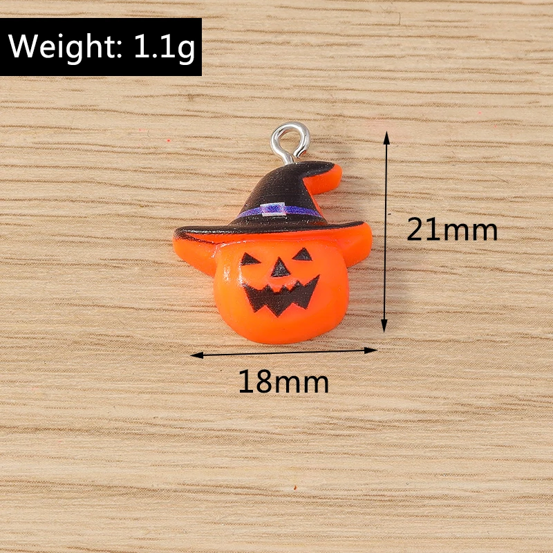 Tusember 10 Stück Halloween Charms Harz Hexenhut Mond Spinne Fledermaus Katze Kürbis Geist für Ohrringe Halloween Schmuckherstellung DIY – Detail 4