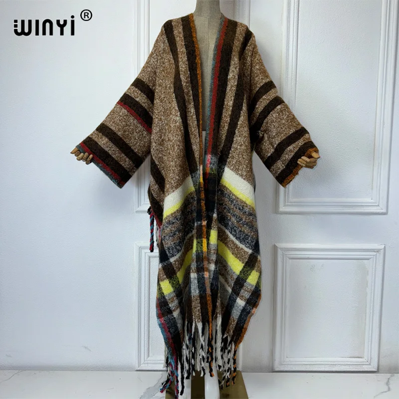 WINYI Winter African cardigan Classic plaid print abaya outfits for women Fringed coat Open Front Kimono long down party dress