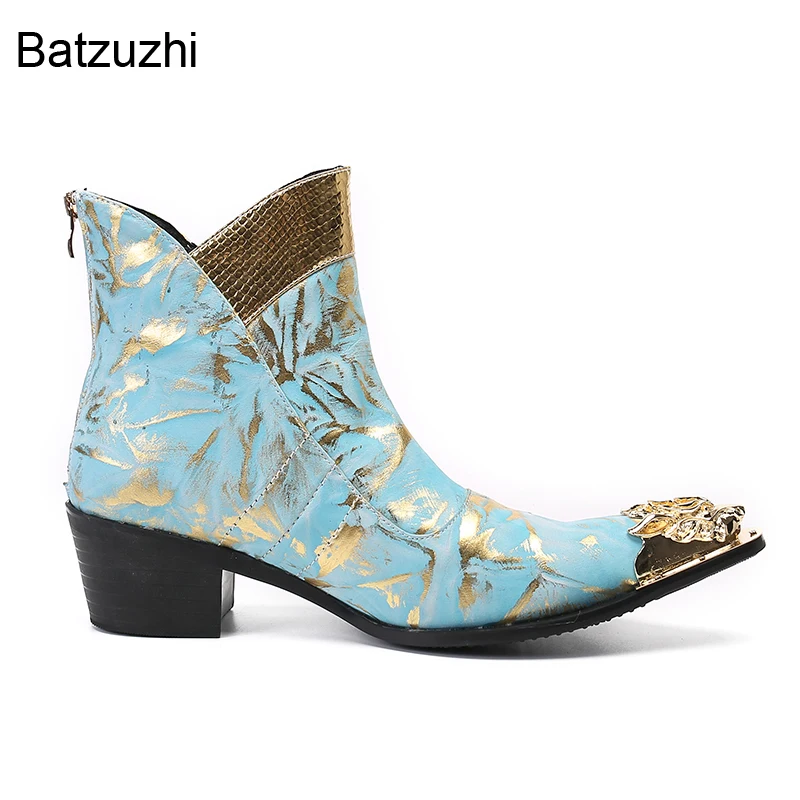 Batzuzhi Light Blue Genuine Leather Boots Men Luxury Handmade Men's Boots Golden Iron Toe Ankle 6.5cm Heels Party Boots! 38-46