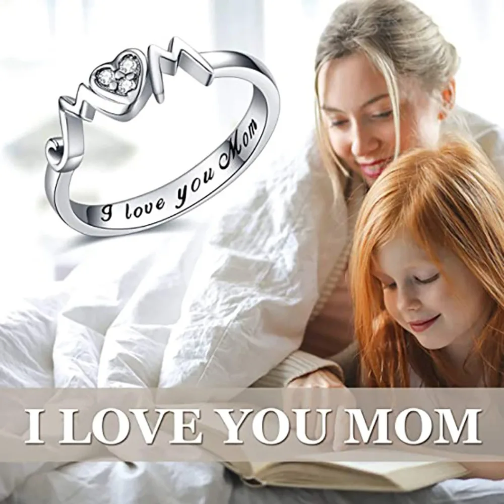 I Love You Mom Engraved Ring Heartbeat Curve Heart Inlay 5A Zircon Silver Tone Ring for Women Mothers Day Gift for Mom Jewelry