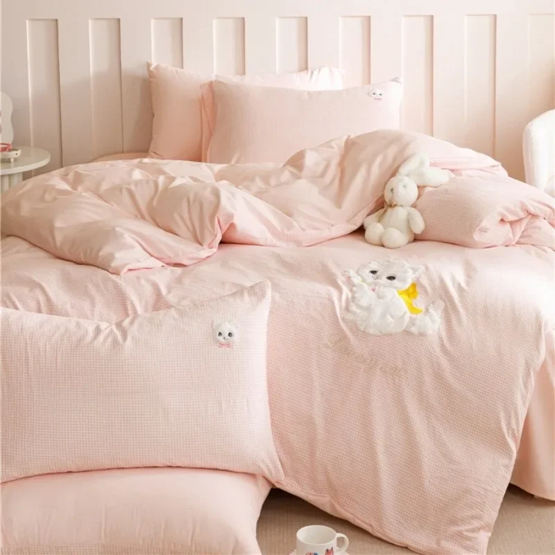 New spring washed cotton four-piece set - cartoon style cute butterfly cat series girl heart quilt cover bed sheet 3 pcs bedding