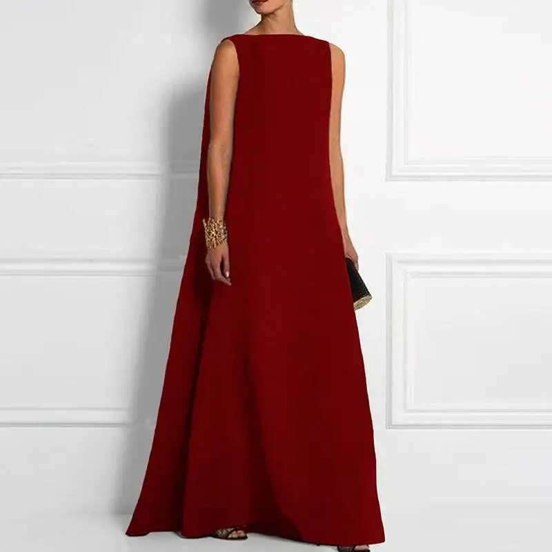 

Женское повседневное однотонное длинное элегантное драпированное свободное банкетное платье без рукавов с круглым вырезом и высокой талией с открытой спиной