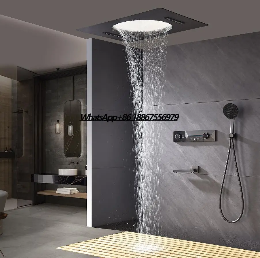 

600*800mm Showerhead LED Multi Functions Rainfall Waterfall Digital Display Thermostatic Concealed Shower Faucet System Set