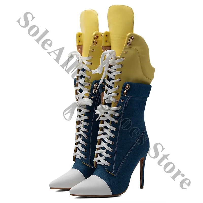 

Denim Color Block Faux Leather Pointed Toe Knee High Boots Two Tone Fold Over Top Front Lace-Up Stiletto Heel Shoes