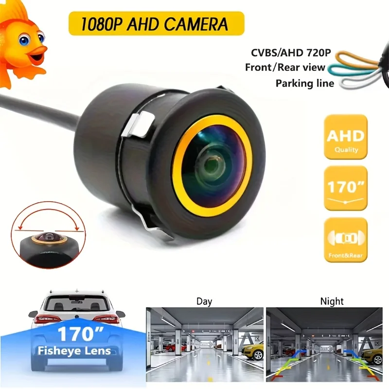 كاميرا احتياطية للرؤية الخلفية عين السمكة AHD 1080P/CVBS مع رؤية ليلية وخطوط دليل وقوف السيارات وسيارات الدفع الرباعي والبيك اب والتخييم والجرار والشاحنات
