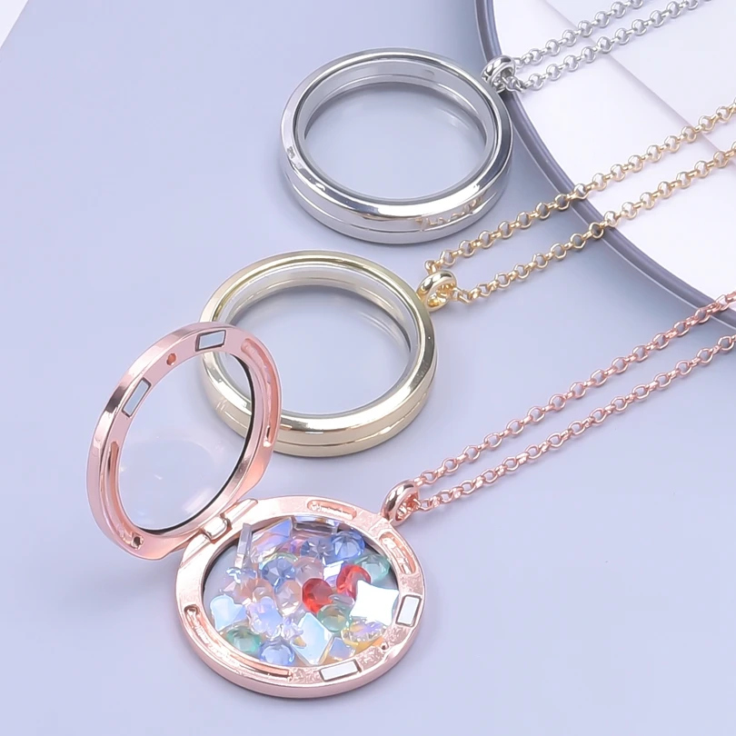 Trendy Necklace for Women Rose Gold Color Jewelry Medallion Relicario Photo Collars 60cm O-shape Chains Glass Floating Locket