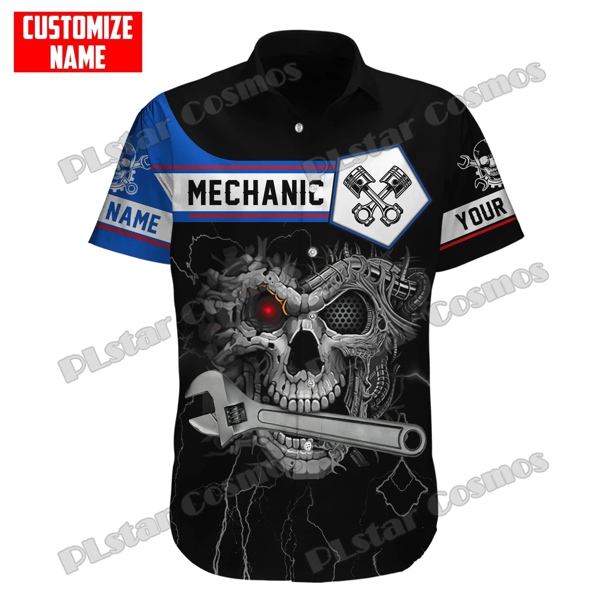 Custom Name Mechanic & Skull 3D Printed Fashion Men's Hawaiian Shirt Unisex Summer Casual Short Sleeve Button Down Shirts CY-38