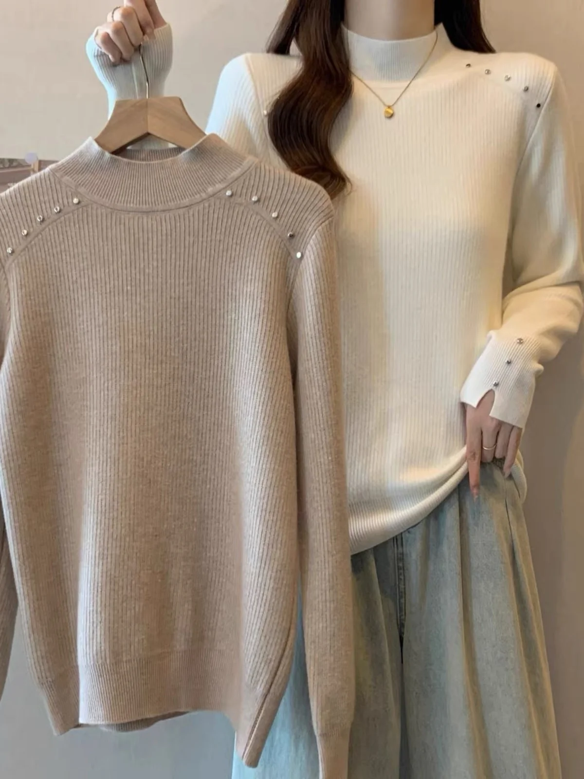 

Fce Lined Thiened f High Collar Knitted Sweater for Women Winter Warm Inner Wear Top Rhinestone Inteated Fce