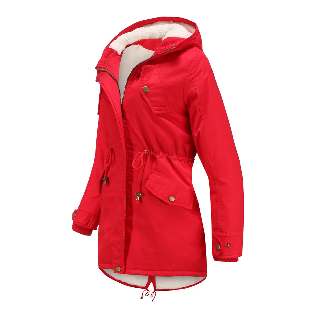 

2024 Autumn/winter New Women's Cotton Coat Solid Color Hooded Parker Thick with Velvet Cotton Jacket