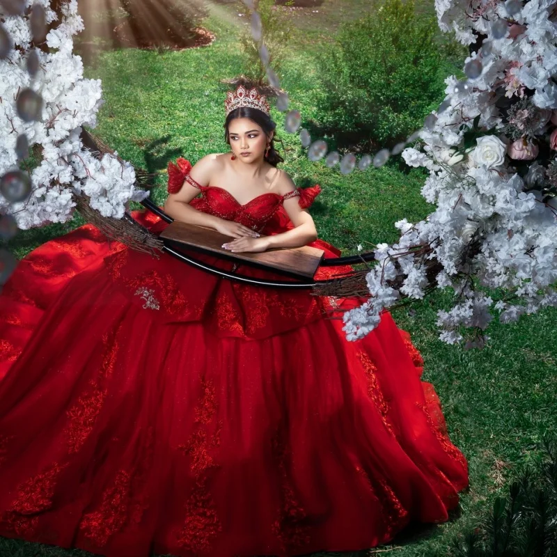 Red Quinceanera Dress Off-shoulder Glitter Crystal Lace Ruffles Decal Long Tail Bow Vestidos De 15 Quinceanera Customized