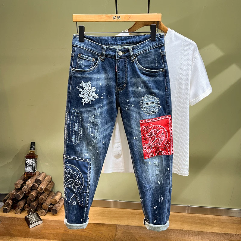 

Street Fashion Men Jeans Retro Blue Painted Stretch Slim Ripped Jeans Men Patched Designer Hip Hop Vintage Denim Pants Hombre