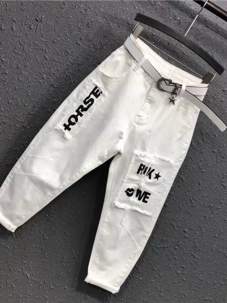 Pants Letter Patch Womens Autumn New 2026 Loose Stylish Slouchy Cropped Denim Harem Vintage Retro Baggy Casual Street Trousers