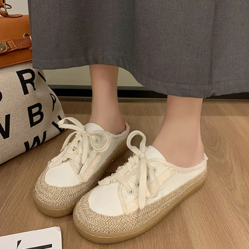 Fashion Casual Lace Up Canvas Shoes for Women 2024 Autumn New Designer Half Slipper Shoes Female Flat Casual Sneakers Ladies