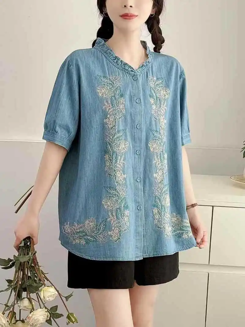 Summer New Japanese Vintage Ethnic Style Embroidery Denim Shirts Women Stand Collar Short Sleeve Casual Loose Blouse Tops