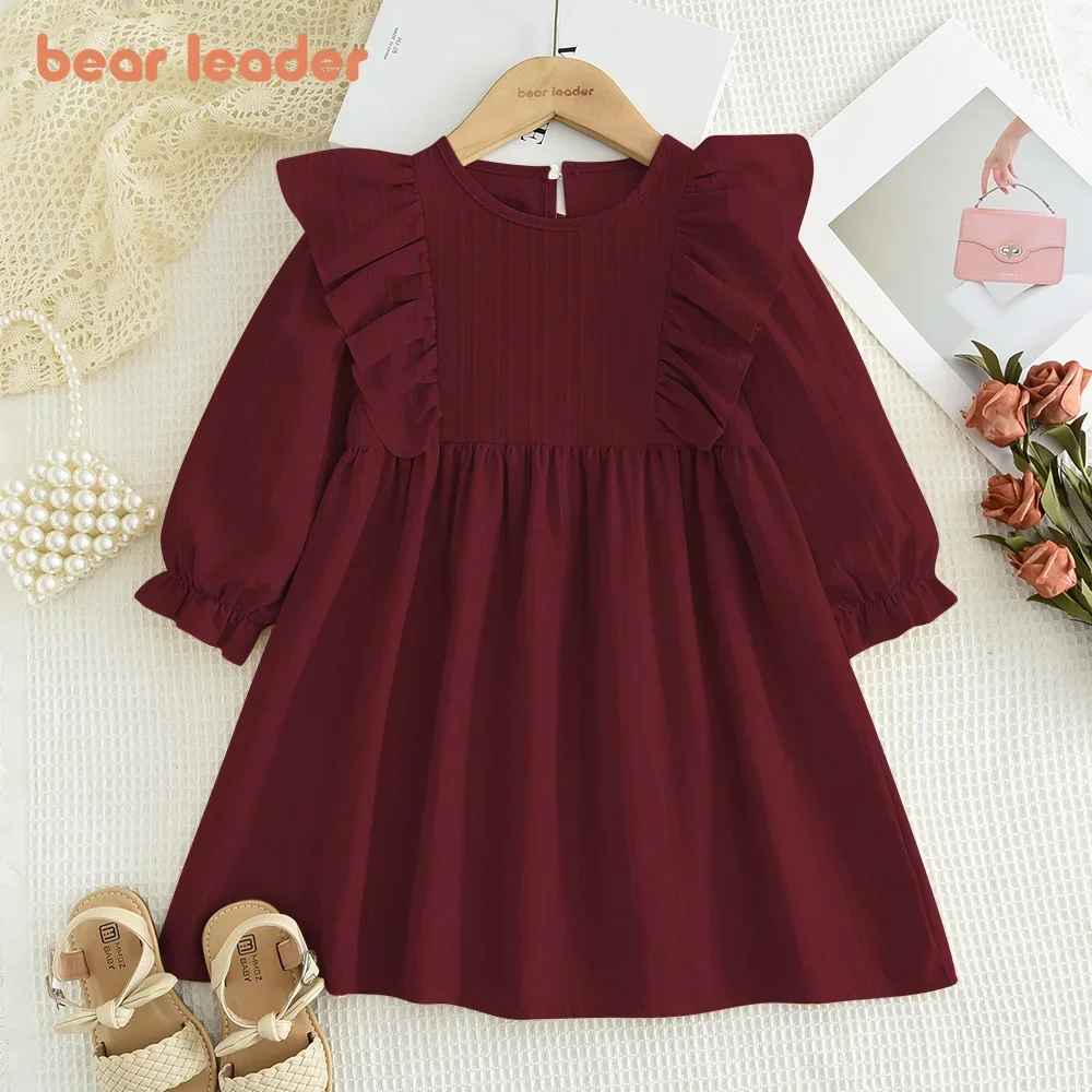 Bear Leader Korean Version Children's Clothing Red New Year's Clothes Girls Casual Dresses Autumn Solid Color Long Sleeved Dress