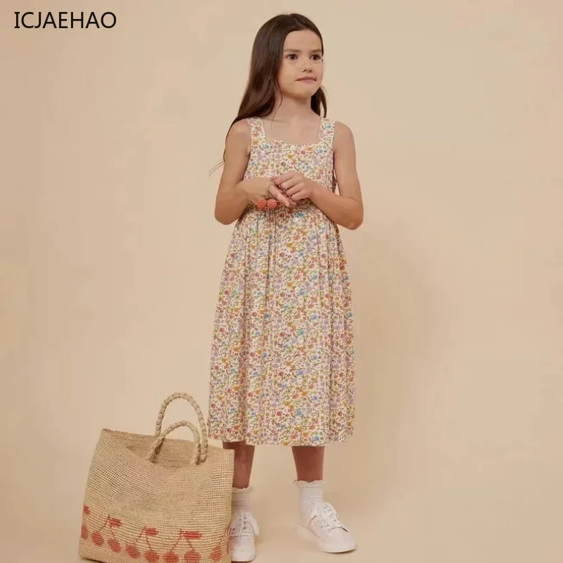 2025 vestido para niñas, ropa de verano a juego, nuevo atuendo estampado, moda dulce princesa, ropa sin mangas de algodón para niños, bonito