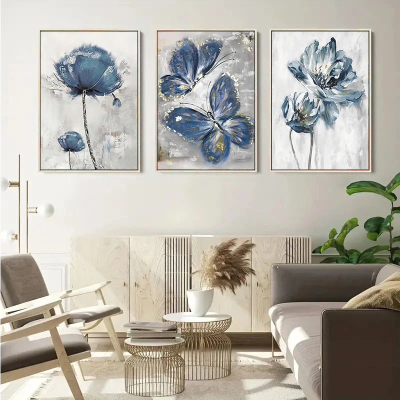 Set Of 3 Blue Poppy Butterfly Canvas Wall Art Vintage Floral Painting For Living Room Bedroom Home Decor