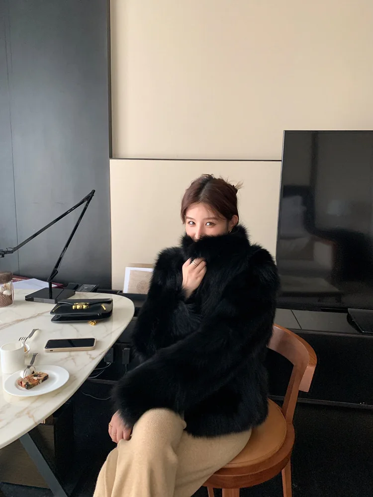 Women Faux Fox Fur Coats Solid Fur Jackets Cotton Linen Stand Collar Long Sleeves Open Stitch Loose Casual 2026 Autumn Winter