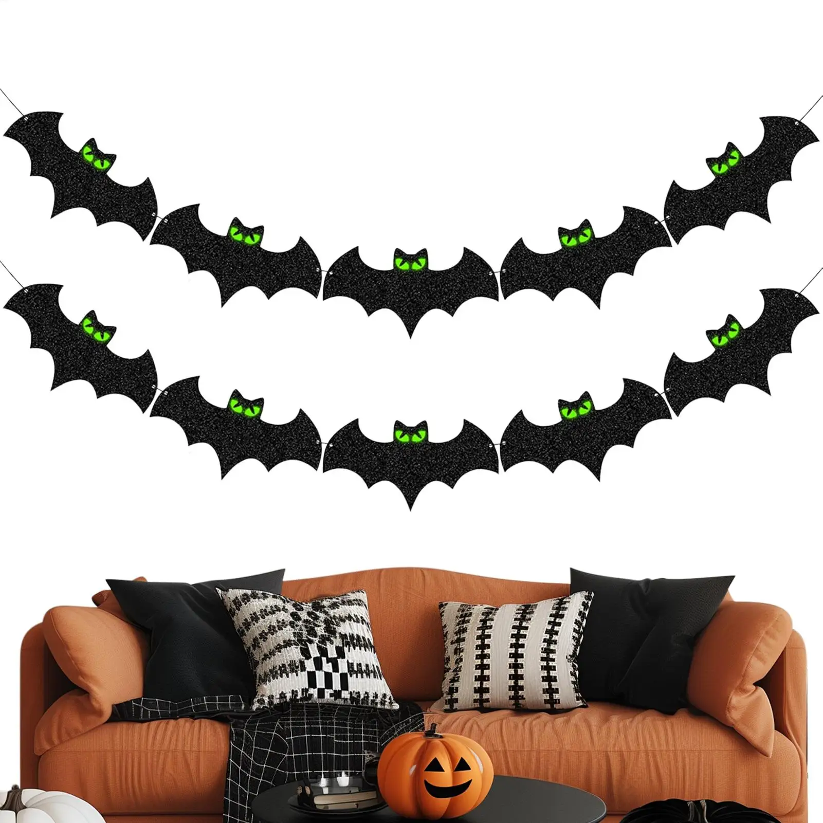 8.2ft Halloween Glowing Eyes Bats Banner Glitter Decoration Party Home Garden Wall Hanging Outdoor Indoor Festival Supplies