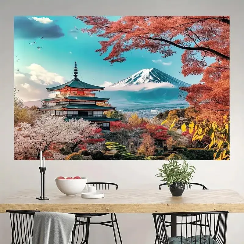 VIKAMA Mount Fuji Five Story Pagoda Tapestry Wall Hanging Cherry Blossom Spring Japanese Landscape Wall Art Decor