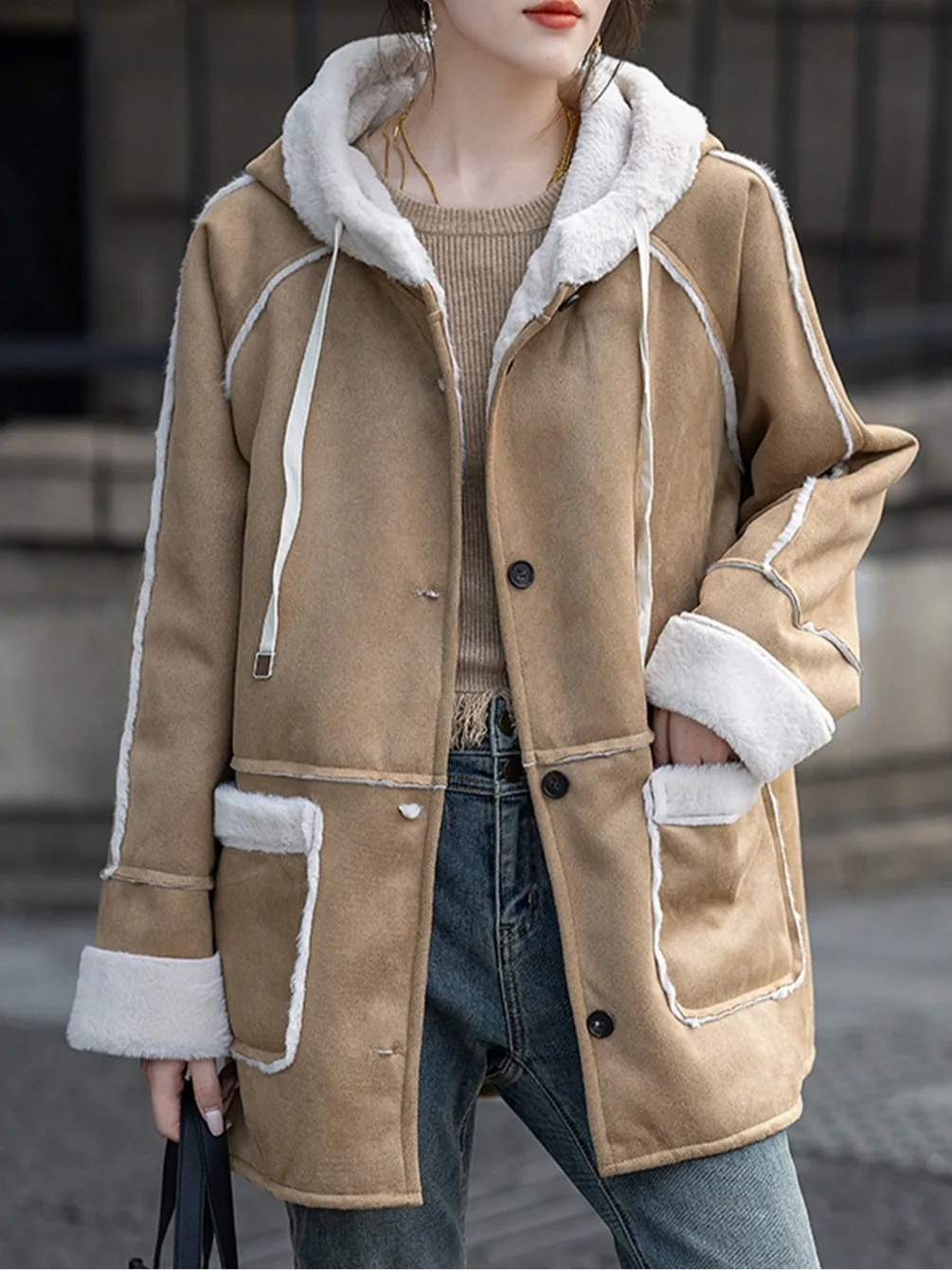 

Женское осенне-зимнее новое теплое пальто средней длины с капюшоном на подкладке из овечьего меха, корейское свободное хлопковое пальто