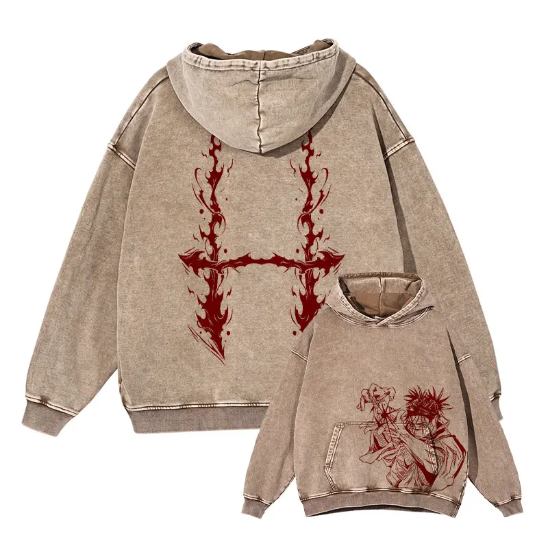 

Anime Jujurau Kaisen Hoodies Gojo Choso Print Vintage Washed Hooded Sweatshirts Oversized Pullover Fushiguro Toji Hoodie Men