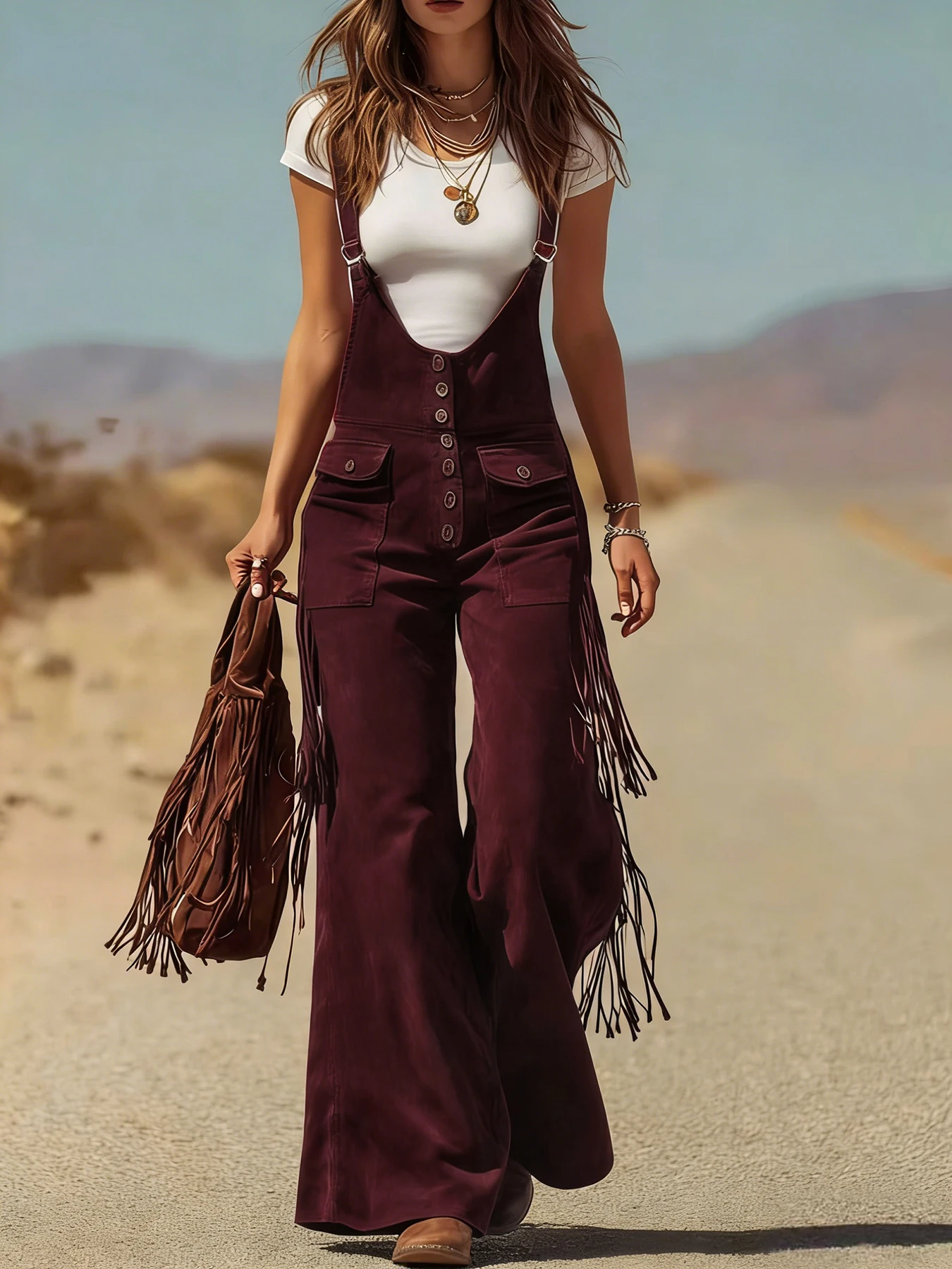 

Женские комбинезоны с широкими штанинами и бахромой, весна 2026, с регулируемыми бретелями и пряжками, свободный крой, для осени